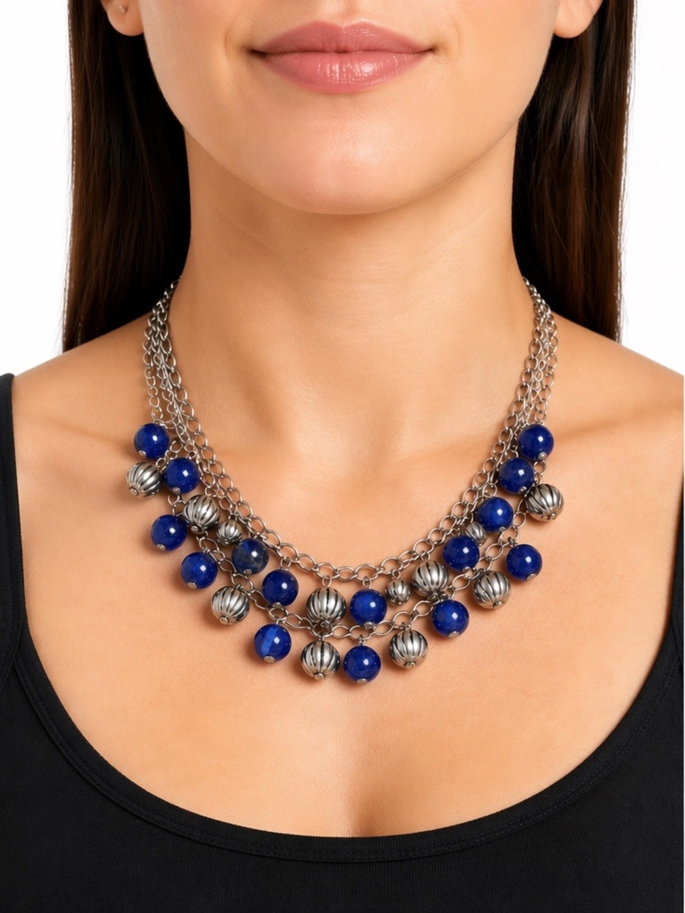 Blue Silver Beaded Necklace Round Statement Evening Formal Prom Wedding Jewelry